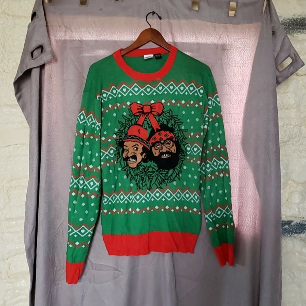 Cheech & Chong Sweater Mens Medium Green Ugly Christmas Crewneck Knit Pullover